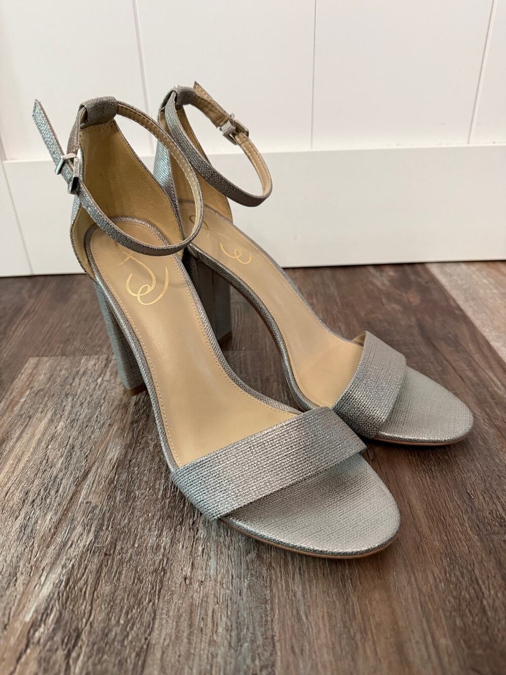 Sam Edelman Yaro Heels Women's 9.5 M Pewter Metallic Champagne Gold Sandal EUC